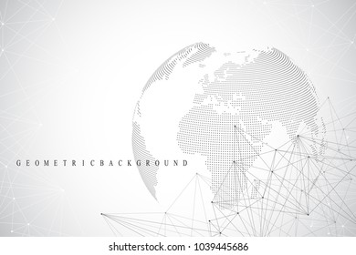 Big data visualization with a world globe. Abstract vector background with dynamic waves. Global network connection. Technological sense abstract illustration