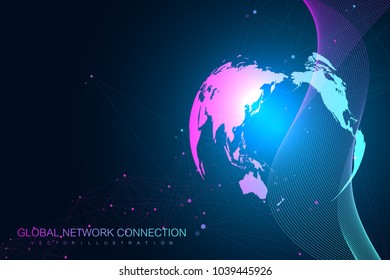 Big data visualization with a world globe. Abstract vector background with dynamic waves. Global network connection. Technological sense abstract illustration