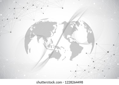 Big data visualization with a world globe. Abstract vector background with dynamic waves. Global network connection. Technological sense abstract illustration.