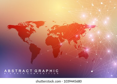 Big data visualization with a world map. Abstract vector background with dynamic waves. Global network connection. Technological sense abstract illustration