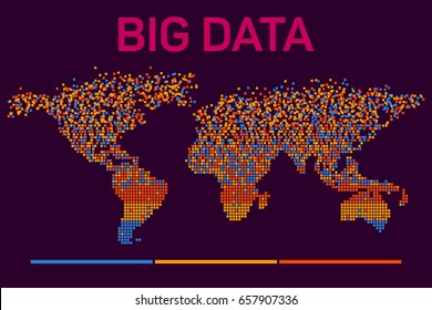 Big data visualization with worldmap mosaic template silhouette. Machine learning algorithms. Analysis of information. Visual data infographics design. Science and technology vector background.