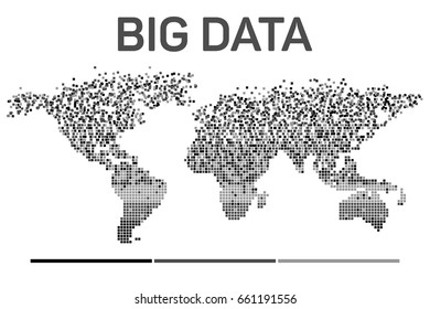 Big data visualization with worldmap mosaic template silhouette. Machine learning algorithms. Analysis of information. Visual data infographics design. Science and technology vector background.