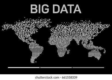 Big data visualization with worldmap mosaic template silhouette. Machine learning algorithms. Analysis of information. Visual data infographics design. Science and technology vector background.