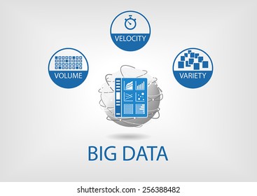 Big data volume, velocity and variety with analytics dashboard. Flat design vector illustration in blue and grey with flat design and business intelligence universe represented as globe.