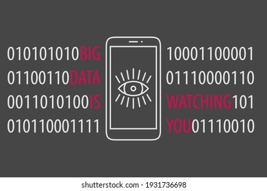Big data is watching you - spying smartphone concept. Vector illustration of linear smartphone icon with eye symbol on the screen