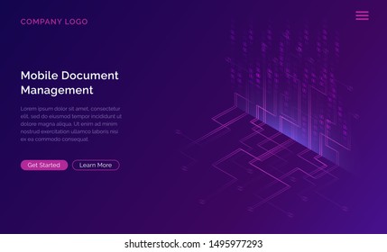 Big data waterfall or cascade, digital binary code data flow analysis visualization, isometric vector illustration. Ultraviolet horizontal banner with streams of numbers, landing page template.