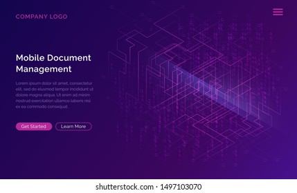 Big data waterfall or cascade, digital binary code data flow analysis visualization, isometric vector illustration. Ultraviolet horizontal banner with streams of numbers, landing page template.
