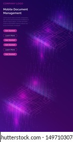 Big data waterfall or cascade, digital binary code data flow analysis visualization, isometric vector illustration. Ultraviolet vertical banner with streams of numbers, landing page template.
