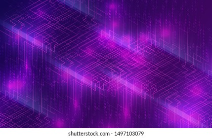 Big data waterfall or cascade, digital binary code data flow analysis visualization, isometric vector illustration. Ultraviolet horizontal banner with streams of numbers, abstract purple background