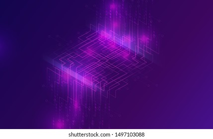 Big Data Waterfall Or Cascade, Digital Binary Code Data Flow Analysis Visualization, Isometric Vector Illustration. Ultraviolet Horizontal Banner With Streams Of Numbers, Abstract Purple Background