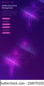 Big data waterfall or cascade, digital binary code data flow analysis visualization, isometric vector illustration. Ultraviolet vertical banner with streams of numbers, landing page template.