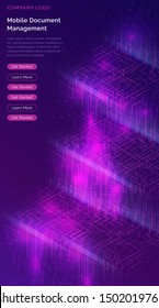 Big data waterfall or cascade, digital binary code data flow analysis visualization, isometric vector illustration. Ultraviolet vertical banner with streams of numbers, landing page template.