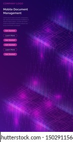 Big data waterfall or cascade, digital binary code data flow analysis visualization, isometric vector illustration. Ultraviolet vertical banner with streams of numbers, landing page template.