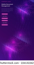 Big data waterfall or cascade, digital binary code data flow analysis visualization, isometric vector illustration. Ultraviolet vertical banner with streams of numbers, landing page template.