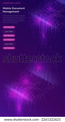 Big data waterfall or cascade, digital binary code data flow analysis visualization, isometric vector illustration. Ultraviolet vertical banner with streams of numbers, landing page template.