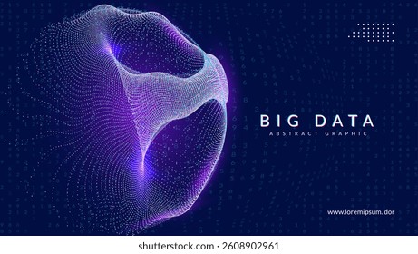 Big Data Wave Abstract Background. Technology Bg With Dynamic  Lines, Dots And Numbers For AI Network. Geometric Shapes In A Modern Cyber Concept With Purple Glow. Blue Tech Big Data Wave