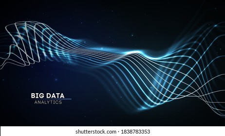 Big data wave on dark background. Futuristic cyber technology innovation backdrop. Communication network internet technology. Sound wave. Dynamic wave flow in blue color. 