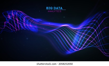 Gran oleada de datos sobre fondo oscuro. Fondo de innovación de la cibertecnología futurista. Tecnología de internet de redes de comunicación. Ola sonora. Flujo dinámico de ondas en color azul.