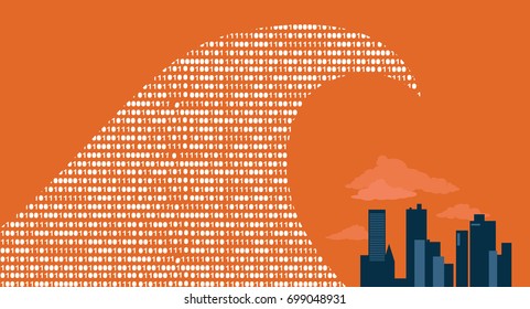 Big Data Wave Sweeping Over A Modern City, EPS 8 Vector Illustration