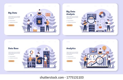 Big data web banner or landing page set. Modern computer technology. Analyzing digital information from the internet and making better business decisions. Isolated flat vector illustration
