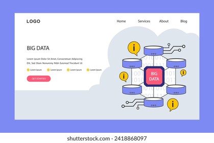 Big data web or landing. Intricate network of data processing and storage. Centralized information management with a focus on volume and complexity. Flat vector illustration.