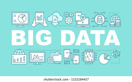 Big data word concepts banner. Digital technology. Computing. Isolated lettering typography idea with linear icons. Data analytics. IT business. Vector outline illustration