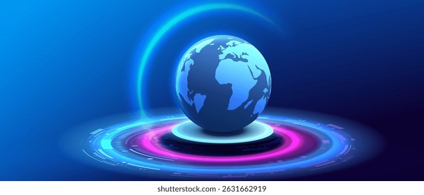 Big data world network. Globe Ai background. Round earth on technology podium banner. Artificial Intelligence futuristic sphere network connect vector design.