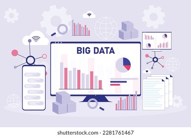 Big Data written on Simple background with computer, phone and other devices with lots of graphs and charts showing the link between big data and data analysis.