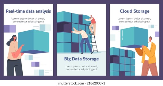 Big Database or Cloud Storage, Real Time Analysis Cartoon Banners. Tiny Web Technicians Characters Using Network Data Base Interface And Interacting With Big Data Server . Vector Illustration, Posters
