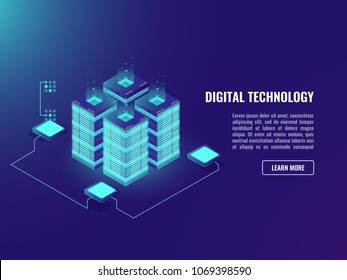 Big Datacenter, Isometric Vector Processing Data Concept, Server Room, Cloud Storage Technology Blockchain Neon Ultraviolet