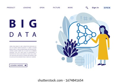 Big Date, Female Office Worker, Targeting, Datenverarbeitung, Projektpräsentation. Flaches Vektorillustration-Illustration für die Landing-Page, mobile App.