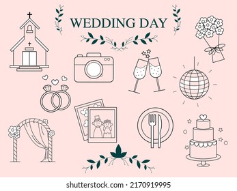 Big day ceremony symbol set for romantic greeting card. Monogram linear flat wedding icon collection. Minimal sign creative design element. Badge timeline invitation template. vector illustration.