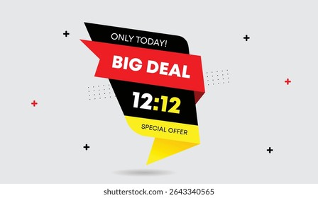 Big deal 12 to 12 special offer only today editable web banner vector art illustration design black red yellow abstract shapes business light gray background modern dynamic eye-catching