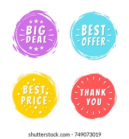 Big deal best offer price thank you 100% natural inscriptions painted spots with brush strokes vector illustration isolated, promo discounts labels