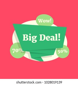 big deal color label like wow sale discount. concept of hot value or cost decrease and best sell out. cartoon flat trend minimal cheap logo graphic simple design illustration on pink background