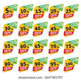 Ofertas de Big Deal, conjunto de etiquetas de oferta de desconto, ícone de ilustração de vetor de etiqueta de desconto, 5%, 10%, 15%, 20%, 25%, 30%, 35%, 40%, 45%, 50%, 55%, 60%, 65%, 70%, 75%, 80%, 85%, 90%, 95%, 100% de desconto