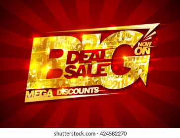 Big Deal Sale, Mega Discounts, Rich Golden Banner With Rays, Vintage Style