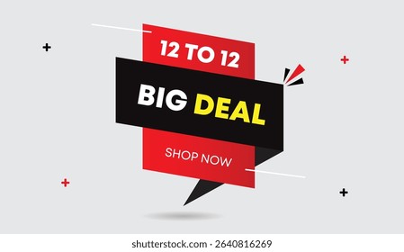 Big deal shop now 12 to 12 web banner design with vector illustration art featuring red gradient black shapes and light gray background perfect for modern ads promotion and unique marketing graphics