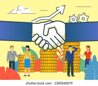 Big deal, successful agreement, income growth. People stand near big hands handshake. Poster for social media, web page, banner, presentation. Flat design vector illustration
