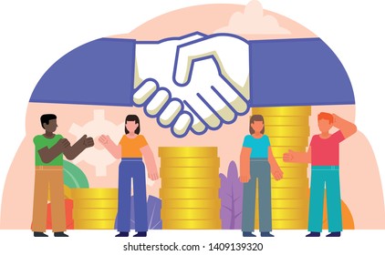 Big deal, successful agreement, income growth. People stand near big hands handshake. Poster for social media, web page, banner, presentation. Flat design vector illustration