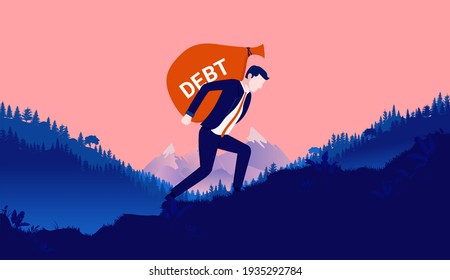 Big debt - Man carrying the heavy weight of financial debt on his back up hill. Economic struggle and problems concept. Vector illustration.