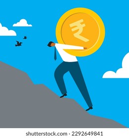 Big debt - Man carrying the heavy weight of financial debt on his back up hill. Economic struggle and problems concept. Vector illustration