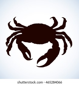 Big decapod Brachyura chelae isolated on white background. Black ink hand drawn picture sketchy in art retro style pen on paper. Closeup view with space for text