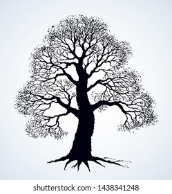 Big deciduous oaktree stem picture on space for text on sky backdrop. Freehand outline dark black ink pen hand drawn logo icon sign design sketchy in artistic retro doodle style on light paper card