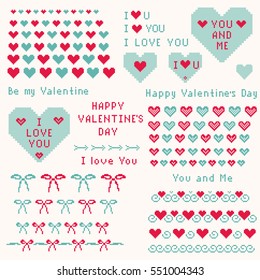 Big decoration set of romantic pixel elements - heart, arrow, bow and twirl. Icons and text for Wedding and Valentines Day. Red and turquoise images on light background. Vector eps file.