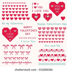 Big decoration set of romantic pixel elements - heart, arrow, bow and twirl. Icons and text for Wedding and Valentines Day. Red and turquoise images on light background. Vector eps file.