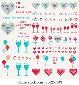 Big decoration set of romantic pixel elements - heart, arrow, rose, ring, diamond, gift, glass, padlock, balloon. Icons & text for Wedding and Valentines Day. Red & turquoise images. Vector eps file.