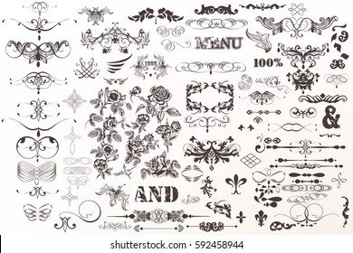 Big decorative collection of vector frames, borders, flourishes and flowers for vintage design