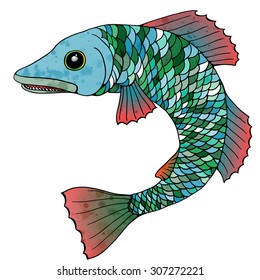 A big decorative fantastic fish with green and blue scales and pink fins. Vector illustration.