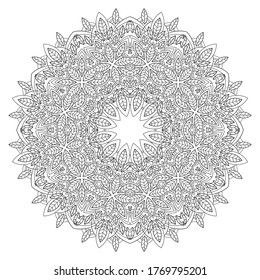 Big decorative mandala with natural and leaf pattern on white isolated background. For coloring book pages.